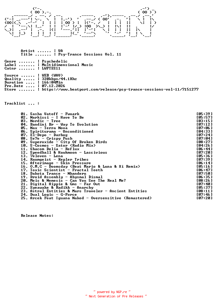 NFO for the release VA-Psy-Trance_Sessions_Vol._11-(LWPTES11)-WEB-2026-FALCON by FALCON