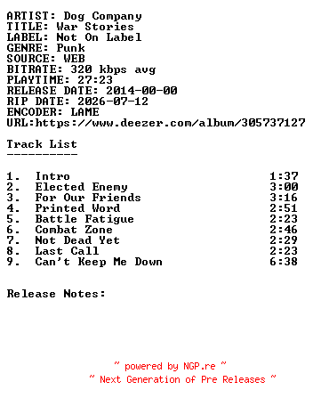 NFO for the release Dog_Company-War_Stories-WEB-2014-SDR by SDR