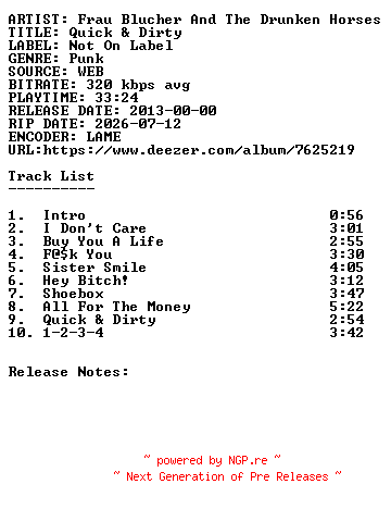 NFO for the release Frau_Blucher_and_The_Drunken_Horses-Quick_and_Dirty-WEB-2013-SDR by SDR