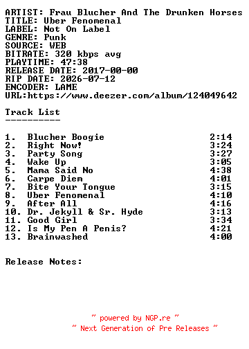 NFO for the release Frau_Blucher_and_The_Drunken_Horses-Uber_Fenomenal-WEB-2017-SDR by SDR