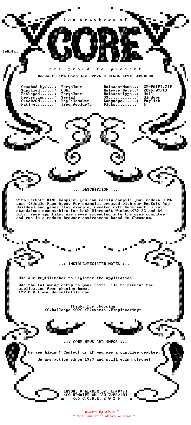 NFO for the release DecSoft.HTML.Compiler.v2026.8.x64.Incl.Keyfilemaker-CORE by CORE