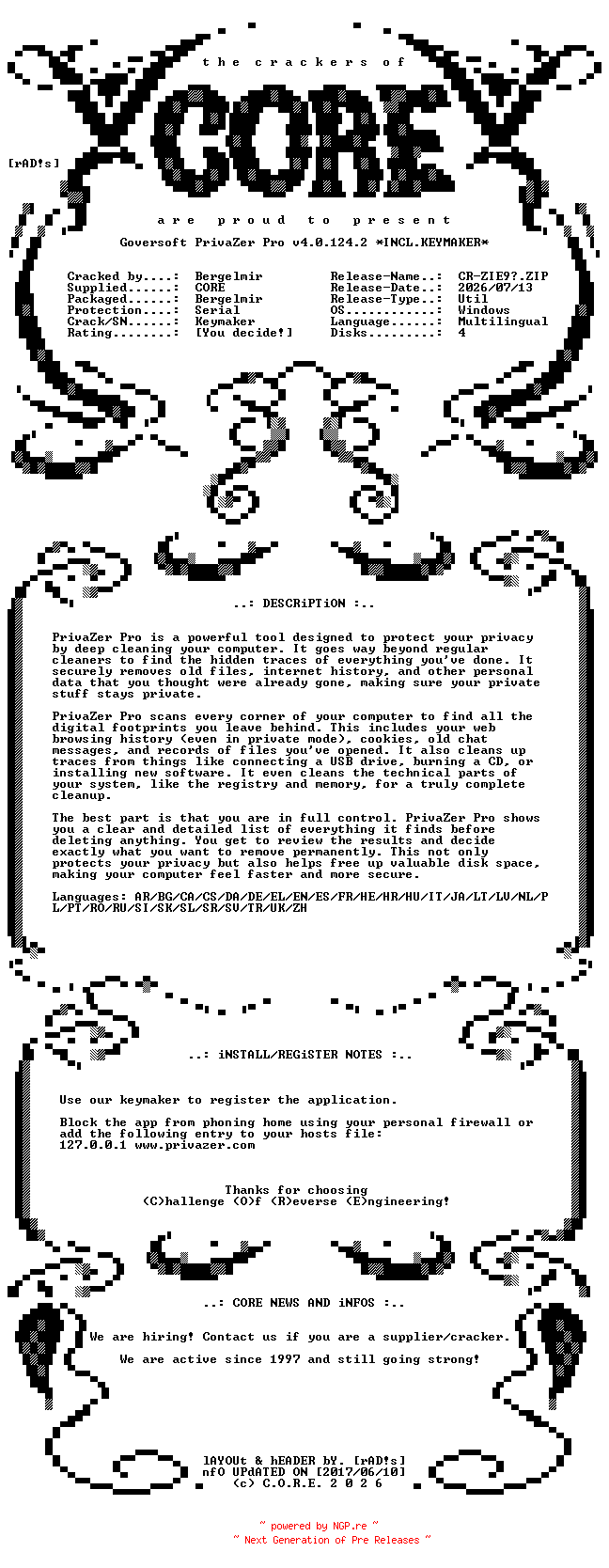 NFO for the release Goversoft.PrivaZer.Pro.v4.0.124.2.Multilingual.Incl.Keymaker-CORE by CORE
