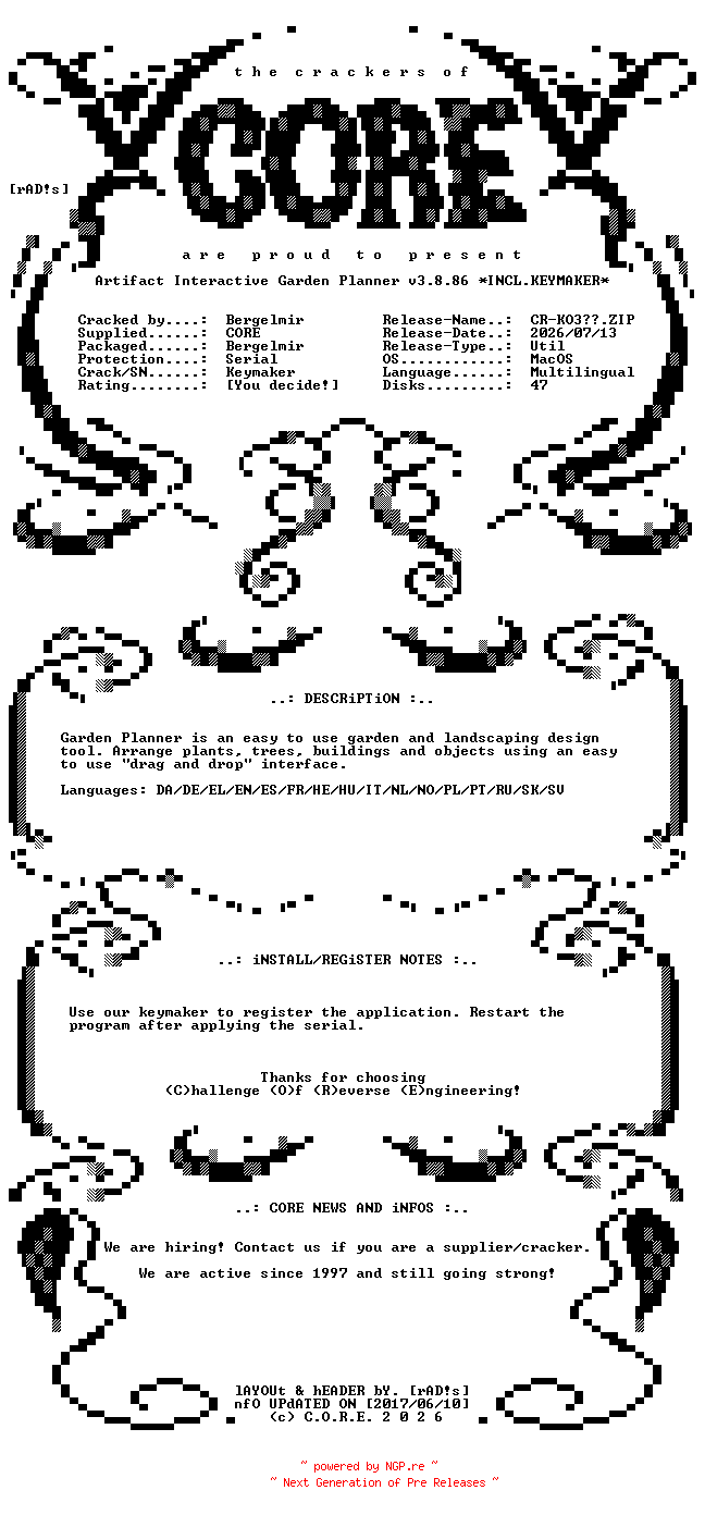 NFO for the release Artifact.Interactive.Garden.Planner.v3.8.86.MacOS.UB.Multilingual.Incl.Keymaker-CORE by CORE