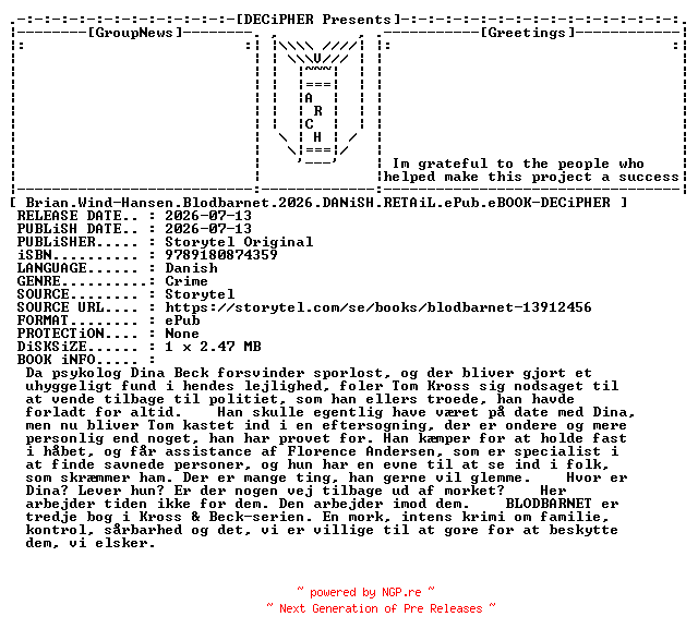 NFO for the release Brian.Wind.Hansen.Blodbarnet.2026.DANiSH.RETAiL.ePub.eBOOK-DECiPHER by DECiPHER