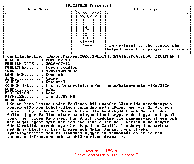 NFO for the release Camilla.Lackberg.Bakom.Masken.2026.SWEDiSH.RETAiL.ePub.eBOOK-DECiPHER by DECiPHER