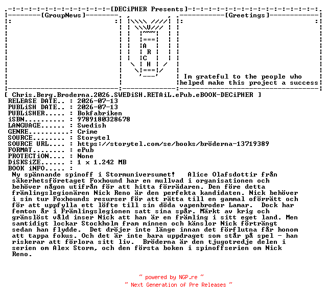 NFO for the release Chris.Berg.Broderna.2026.SWEDiSH.RETAiL.ePub.eBOOK-DECiPHER by DECiPHER