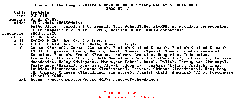 NFO for the release House.of.the.Dragon.S03E04.GERMAN.DL.DV.HDR.2160p.WEB.h265-SAUERKRAUT by SAUERKRAUT