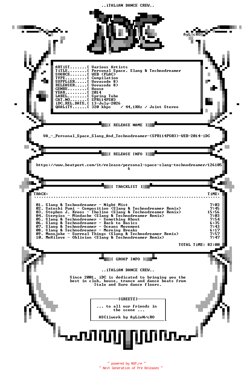 NFO for the release VA_-_Personal_Space_Slang_And_Technodreamer-(SPR114PS03)-WEB-2014-iDC by iDC