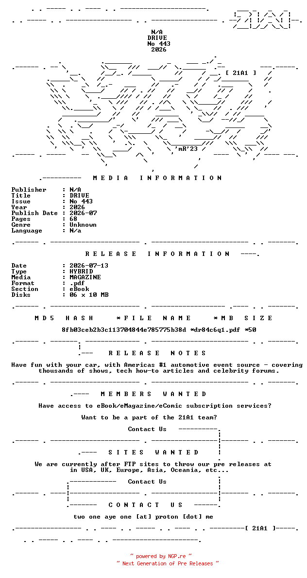NFO for the release DRIVE.No.443.2026.HYBRID.MAGAZINE.eBook-21A1 by 21A1