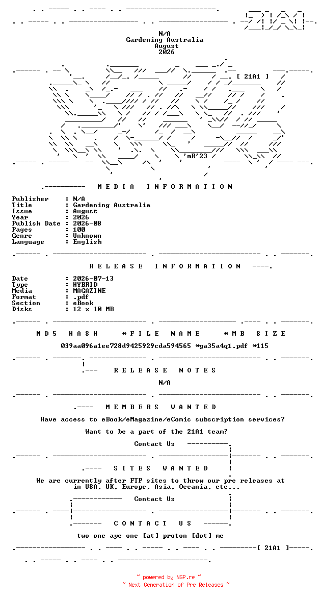 NFO for the release Gardening.Australia.August.2026.HYBRID.MAGAZINE.eBook-21A1 by 21A1