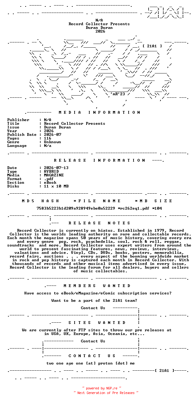 NFO for the release Record.Collector.Presents.Duran.Duran.2026.HYBRID.MAGAZINE.eBook-21A1 by 21A1