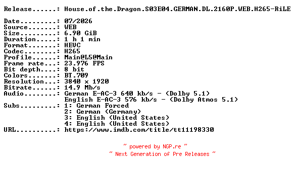 NFO for the release House.of.the.Dragon.S03E04.GERMAN.DL.2160P.WEB.H265-RiLE by RiLE
