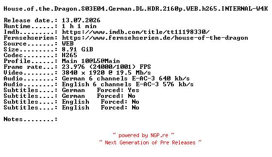 NFO for the release House.of.the.Dragon.S03E04.German.DL.HDR.2160p.WEB.h265.INTERNAL-W4K by W4K