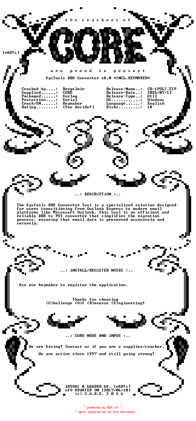 NFO for the release SysTools.DBX.Converter.v8.0.Incl.Keymaker-CORE by CORE