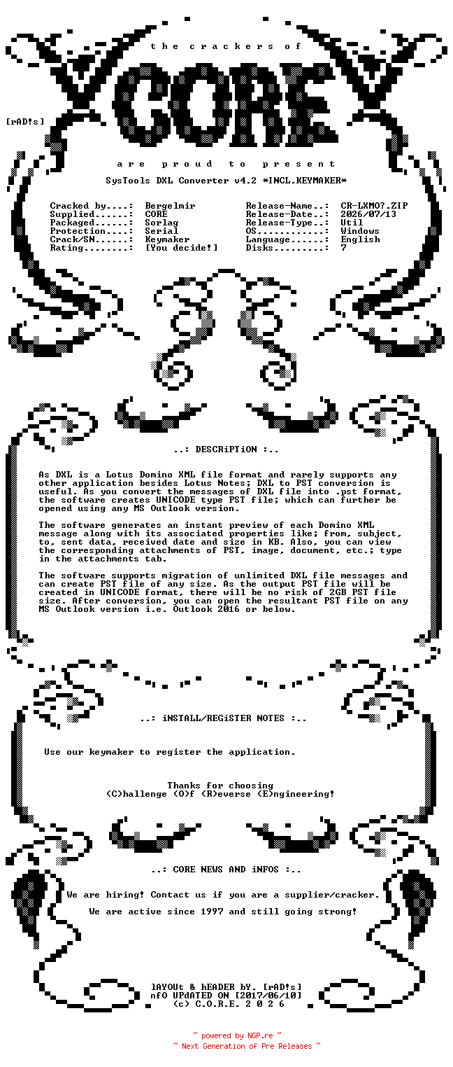 NFO for the release SysTools.DXL.Converter.v4.2.Incl.Keymaker-CORE by CORE