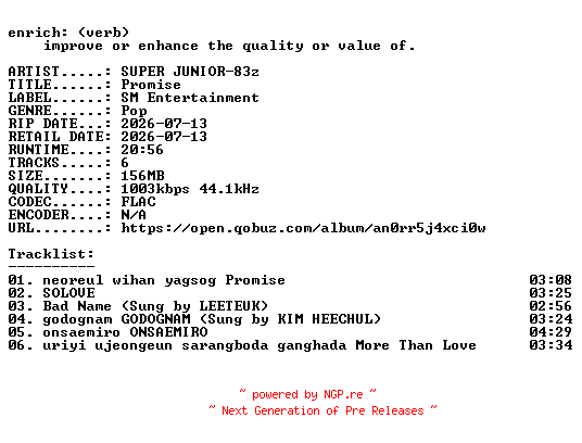 NFO for the release SUPER_JUNIOR-83z-Promise-KR-EP-16BIT-WEB-FLAC-2026-ENRiCH by ENRiCH