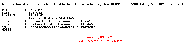 NFO for the release Life.Below.Zero.Ueberleben.in.Alaska.S16E06.Lebenszyklen.GERMAN.DL.DOKU.1080p.WEB.H264-SYNERGiE by SYNERGiE
