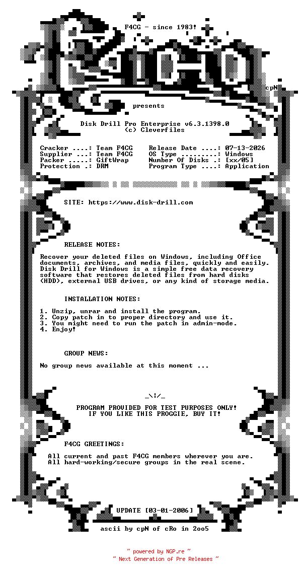 NFO for the release Cleverfiles.Disk.Drill.Pro.Enterprise.v6.3.1398.0-F4CG by F4CG