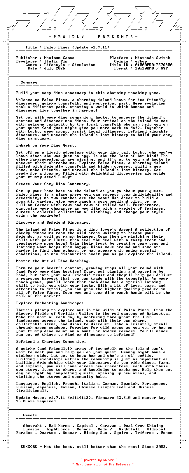 NFO for the release Paleo_Pines_Update_v1.7.11_NSW-SUXXORS by SUXXORS