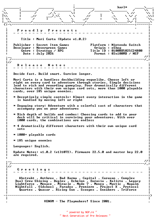 NFO for the release Mori_Carta_Update_v1.0.2_NSW-VENOM by VENOM