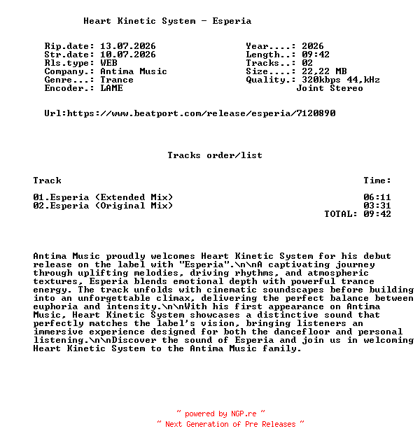 NFO for the release Heart_Kinetic_System_-_Esperia-(AM118)-WEB-2026-FMC by FMC