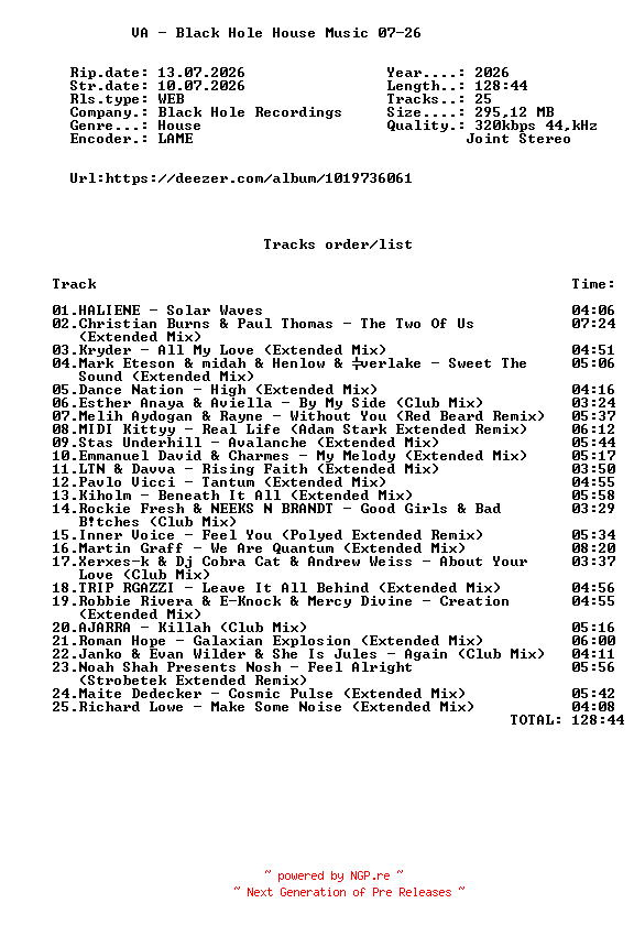 NFO for the release VA_-_Black_Hole_House_Music_07-26-(BHDC768)-WEB-2026-FMC by FMC