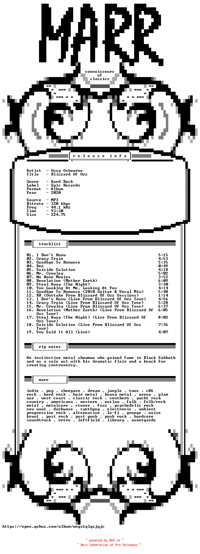 NFO for the release Ozzy_Osbourne-Blizzard_Of_Ozz-Remastered_40th_Anniversary_Edition-WEB-2020-MARR by MARR