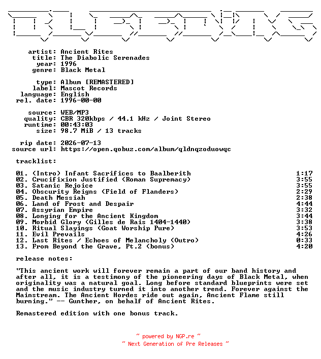NFO for the release Ancient_Rites-The_Diabolic_Serenades-Remastered-WEB-1996-BLEEDiNG by BLEEDiNG