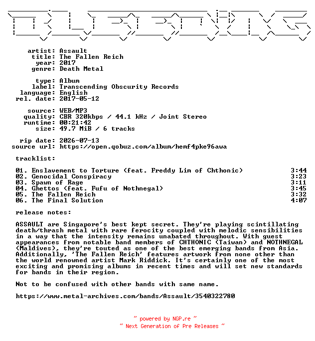 NFO for the release Assault-The_Fallen_Reich-WEB-2017-BLEEDiNG by BLEEDiNG