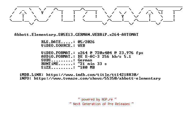 NFO for the release Abbott.Elementary.S05E13.GERMAN.WEBRiP.x264-AVTOMAT by AVTOMAT