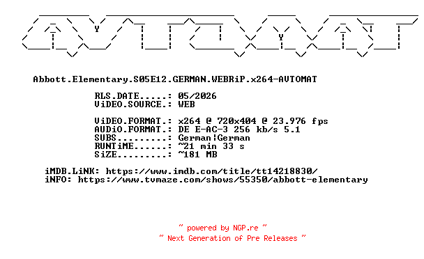 NFO for the release Abbott.Elementary.S05E12.GERMAN.WEBRiP.x264-AVTOMAT by AVTOMAT