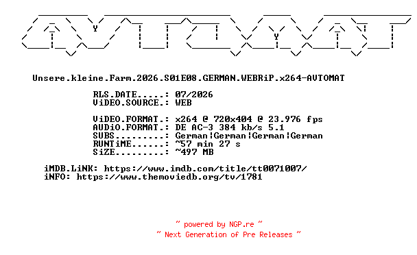 NFO for the release Unsere.kleine.Farm.2026.S01E08.GERMAN.WEBRiP.x264-AVTOMAT by AVTOMAT