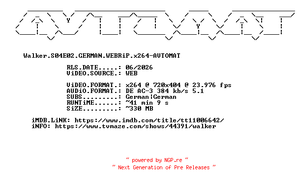 NFO for the release Walker.S04E02.GERMAN.WEBRiP.x264-AVTOMAT by AVTOMAT