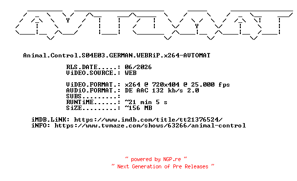 NFO for the release Animal.Control.S04E03.GERMAN.WEBRiP.x264-AVTOMAT by AVTOMAT