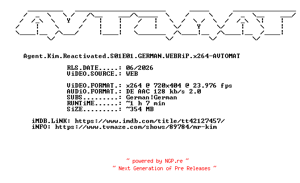 NFO for the release Agent.Kim.Reactivated.S01E01.GERMAN.WEBRiP.x264-AVTOMAT by AVTOMAT