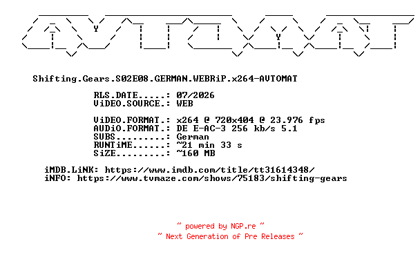 NFO for the release Shifting.Gears.S02E08.GERMAN.WEBRiP.x264-AVTOMAT by AVTOMAT