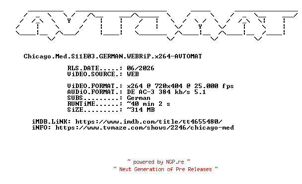 NFO for the release Chicago.Med.S11E03.GERMAN.WEBRiP.x264-AVTOMAT by AVTOMAT