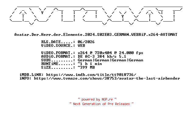 NFO for the release Avatar.Der.Herr.der.Elemente.2024.S02E03.GERMAN.WEBRiP.x264-AVTOMAT by AVTOMAT