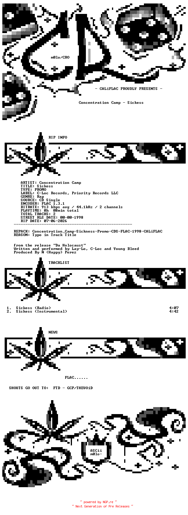 NFO for the release Concentration_Camp-Sickess-REPACK-PROMO-CDS-FLAC-1998-CALiFLAC by CALiFLAC