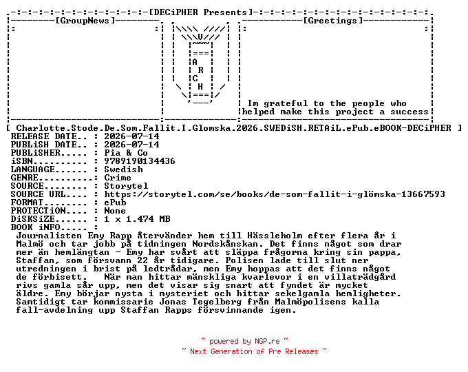 NFO for the release Charlotte.Stode.De.Som.Fallit.I.Glomska.2026.SWEDiSH.RETAiL.ePub.eBOOK-DECiPHER by DECiPHER