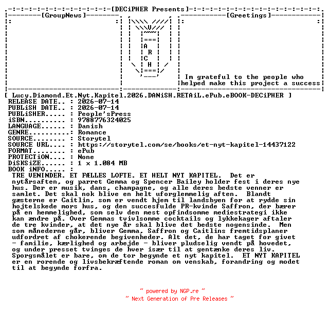 NFO for the release Lucy.Diamond.Et.Nyt.Kapitel.2026.DANiSH.RETAiL.ePub.eBOOK-DECiPHER by DECiPHER