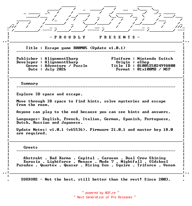 NFO for the release Escape_game_R00M05_Update_v1.0.1_NSW-SUXXORS by SUXXORS
