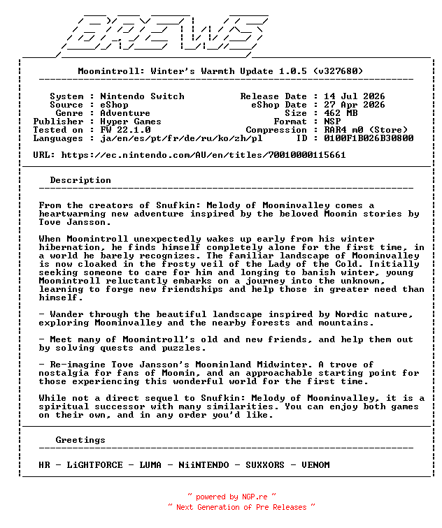 NFO for the release Moomintroll_Winters_Warmth_Update_v1.0.5_NSW-BREWS by BREWS