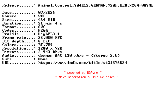 NFO for the release Animal.Control.S04E12.GERMAN.720P.WEB.X264-WAYNE by WAYNE