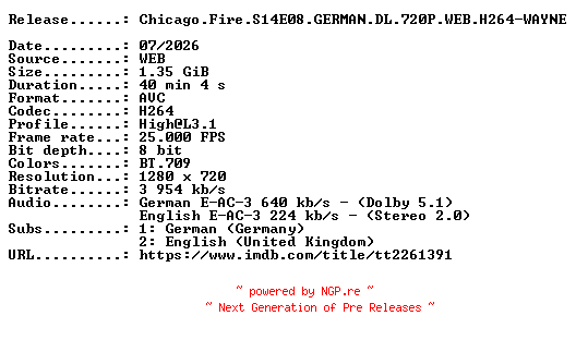 NFO for the release Chicago.Fire.S14E08.GERMAN.DL.720P.WEB.H264-WAYNE by WAYNE