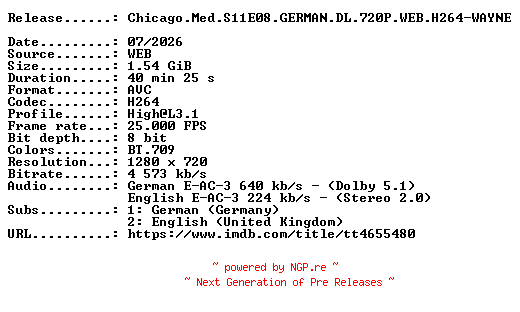 NFO for the release Chicago.Med.S11E08.GERMAN.DL.720P.WEB.H264-WAYNE by WAYNE