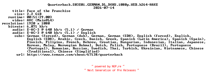 NFO for the release Quarterback.S03E01.GERMAN.DL.DOKU.1080p.WEB.h264-HAXE by HAXE