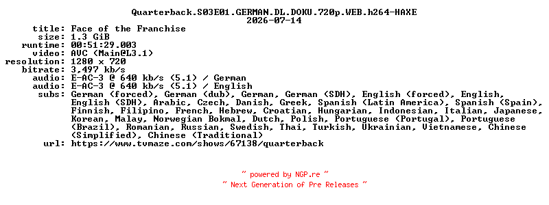 NFO for the release Quarterback.S03E01.GERMAN.DL.DOKU.720p.WEB.h264-HAXE by HAXE
