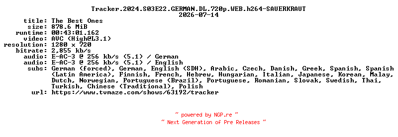 NFO for the release Tracker.2024.S03E22.GERMAN.DL.720p.WEB.h264-SAUERKRAUT by SAUERKRAUT