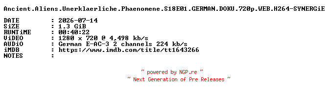 NFO for the release Ancient.Aliens.Unerklaerliche.Phaenomene.S18E01.GERMAN.DOKU.720p.WEB.H264-SYNERGiE by SYNERGiE